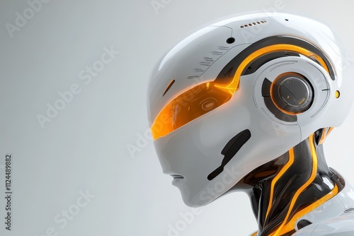 Futuristic robot head design showcasing advanced technology and sleek aesthetics in a minimalistic studio setting photo