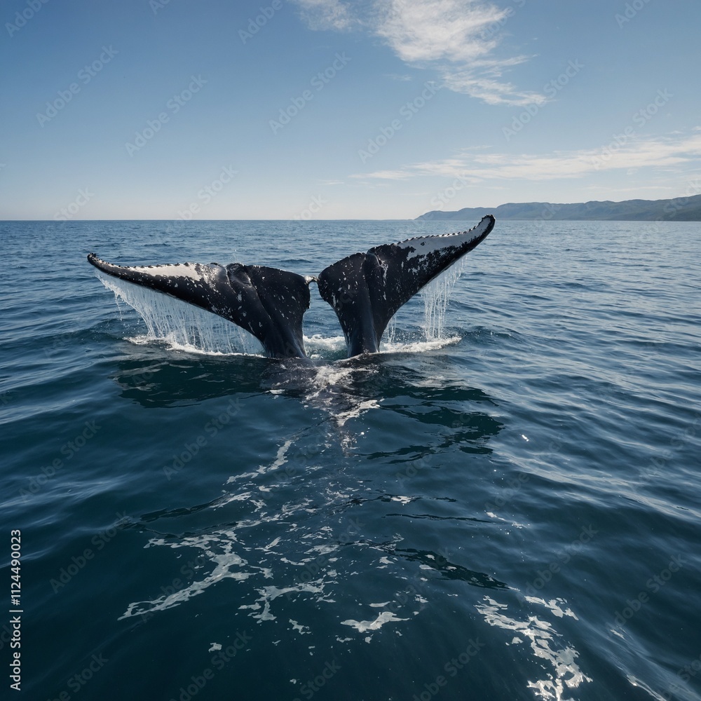 Fototapeta premium A whale's tail breaking the surface of the clear, calm sea.