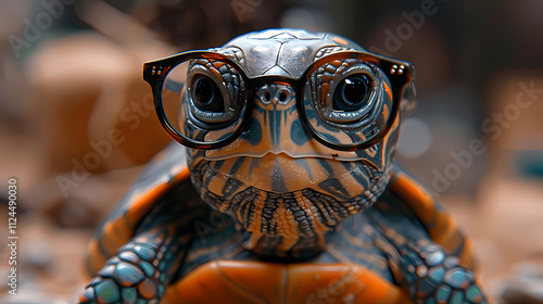 The Tortoise With Glasses: A tortoise wearing eyeglasses, looking directly at the camera with a serious expression. The tortoise is in focus, while the background is blurred.