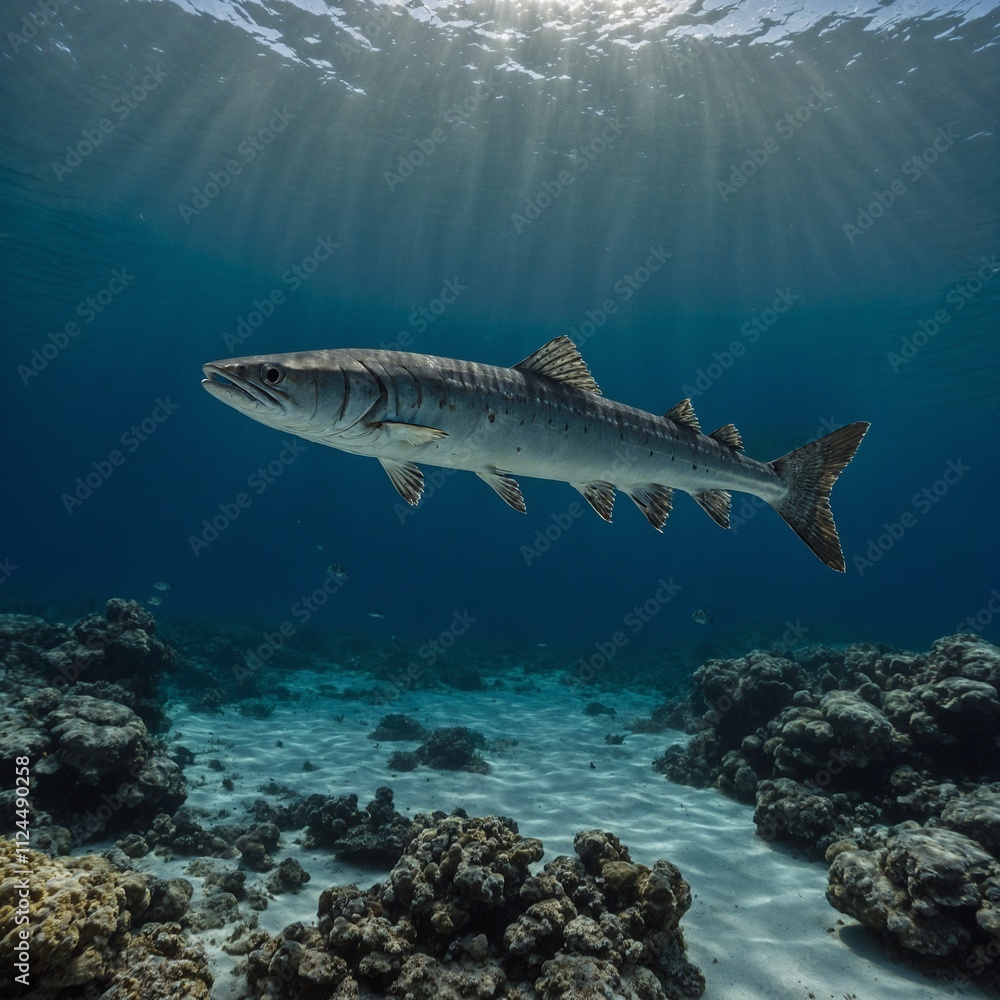 A lone barracuda hovering in the tranquil, clear sea. A lone barracuda hovering in the tranquil, clear sea.