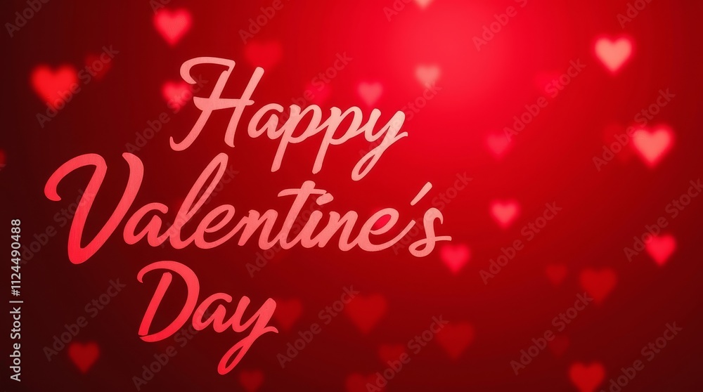 Happy Valentine's Day gradient text on bright red bokeh hearts background. Romantic holiday design with light effects and copy space Happy Valentine's Day gradient text on bright red bokeh hearts background. Romantic holiday design with light effects and copy space