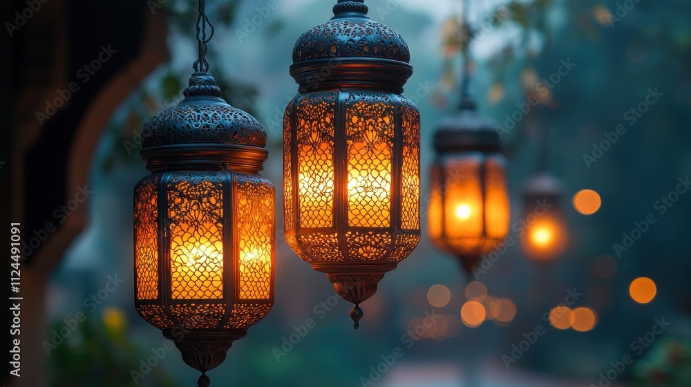 Eid Lanterns Glowing in Sunrise Light with Space for Text Ramadan Islamic Celebration Spiritual Decor Eid Lanterns Glowing in Sunrise Light with Space for Text Ramadan Islamic Celebration Spiritual Decor