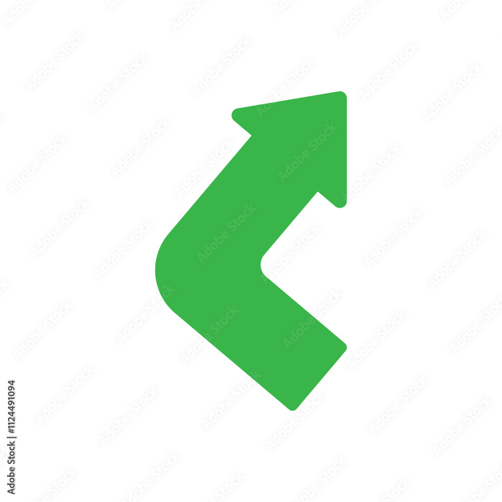 Angular bent arrow. Curved shape and green pointer. Angular bent arrow. Curved shape and green pointer.