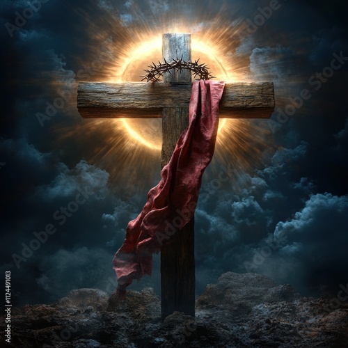 Cross with crown and cloth amidst glowing clouds