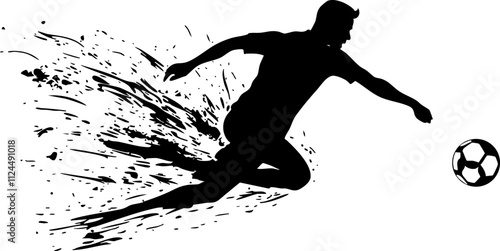 A dynamic silhouette of a soccer player in motion, kicking a ball with energy and speed, perfect for sports-related designs.