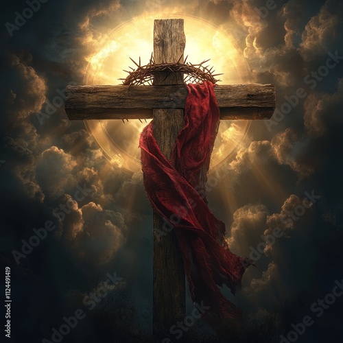 Cross with radiant halo and draped cloth in clouds photo