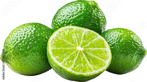 Fresh green limes with one cut in half photo