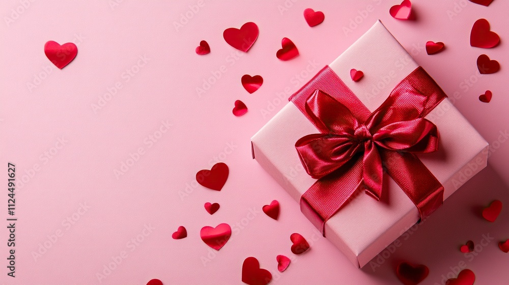 Pink gift box with red bow on pink background with red hearts. Holiday web banner. Top view. with large copy space. Pink gift box with red bow on pink background with red hearts. Holiday web banner. Top view. with large copy space.