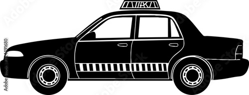 A simple black silhouette of a taxi cab, showcasing its profile and distinct features for transportation-related illustrations.