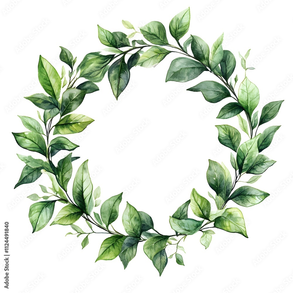 Fototapeta premium Watercolor Greenery Wreath: A delicate and elegant wreath of green leaves, perfect for adding a touch of nature to your designs. 
