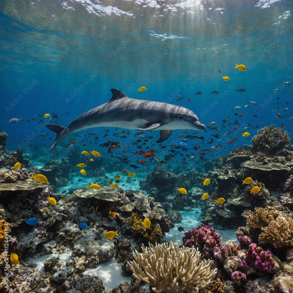 A playful dolphin swimming through a coral reef, surrounded by colorful fish. A playful dolphin swimming through a coral reef, surrounded by colorful fish.