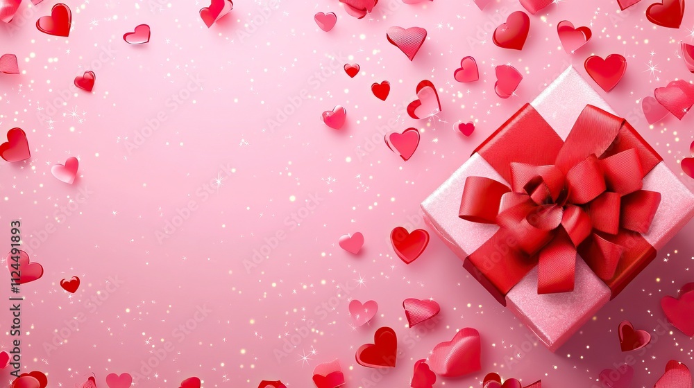 Pink gift box with red bow on pink background with red hearts. Holiday web banner. Top view. with large copy space. Pink gift box with red bow on pink background with red hearts. Holiday web banner. Top view. with large copy space.