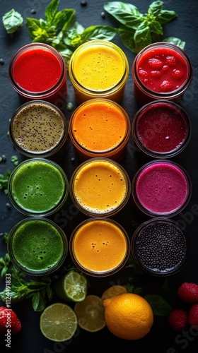 Vibrant Fresh Fruit Smoothies in Glass Jars with Assorted Healthy Ingredients