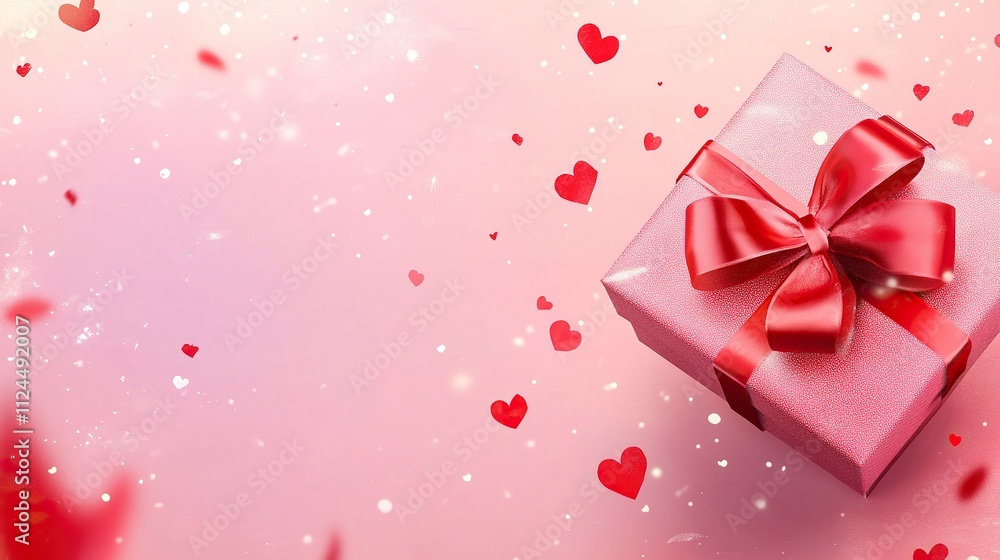 Pink gift box with red bow on pink background with red hearts. Holiday web banner. Top view. with large copy space. Pink gift box with red bow on pink background with red hearts. Holiday web banner. Top view. with large copy space.