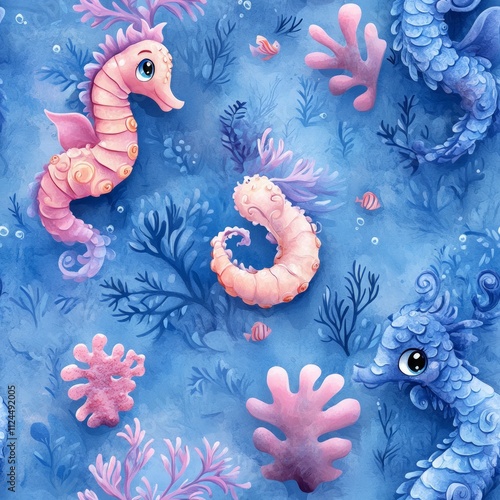 Vibrant 3D Cartoon Seahorse and Coral Design, Featuring Adorable Q-Version Animals on a Dreamy Watercolor Background with Rich Textures and Playful Arrangements. photo