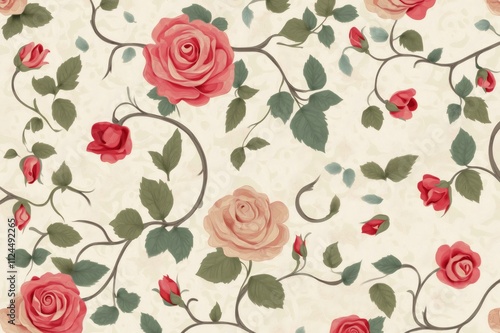 Seamless floral pattern showcasing blooming roses and buds intertwined with delicate vines, creating a classic and elegant design