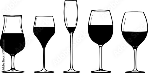 A collection of five black silhouette glasses in varying shapes, ideal for representing drinks, wine, or cocktail themes.