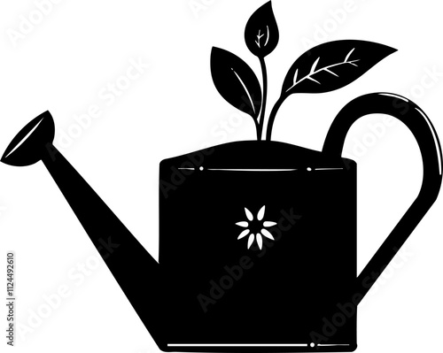A silhouette of a watering can featuring a sprouting plant, symbolizing gardening and growth.