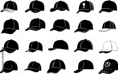 A collection of various styles of baseball caps displayed in black and white, suitable for fashion and sports branding.