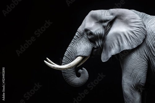 Close up profile view of an elephant showcasing its wrinkled skin and impressive ivory tusks against a dark backdrop photo