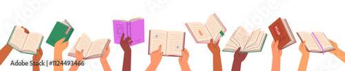 Open book in hands set. Reading, turning paper pages. Studying, learning for knowledge, education. Holding academic and fiction literature. Flat vector illustration isolated on white background