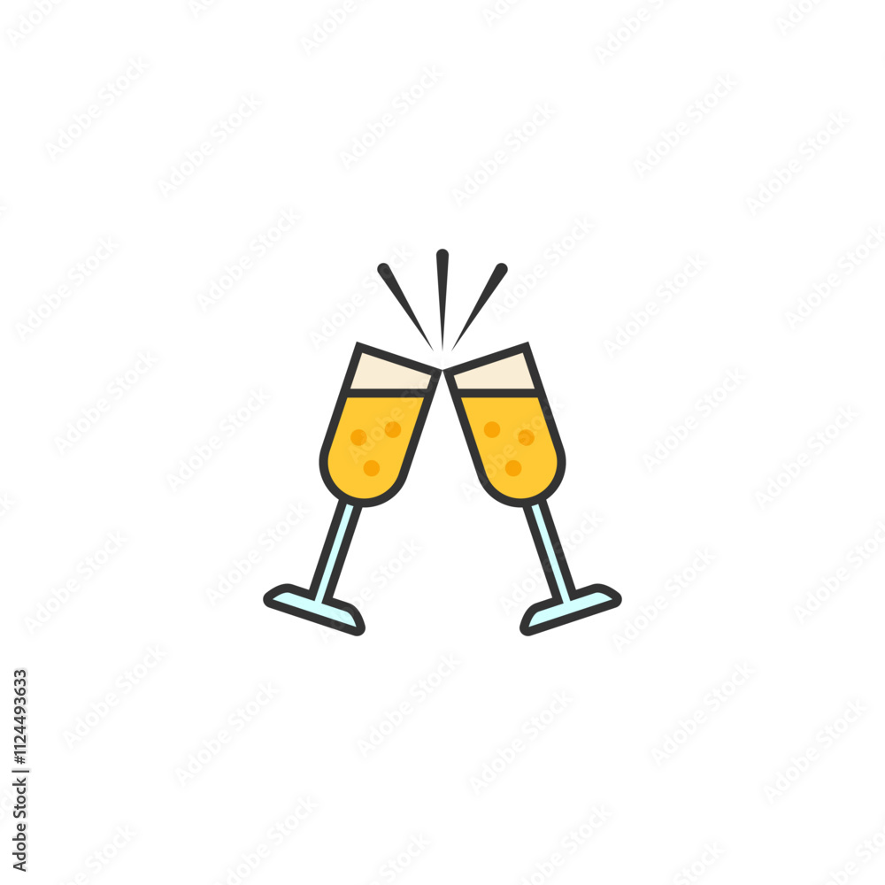 Two glasses of champagne icon. Clink, cheers and toasting. Vector outline illustration on clear white background. Two glasses of champagne icon. Clink, cheers and toasting. Vector outline illustration on clear white background.
