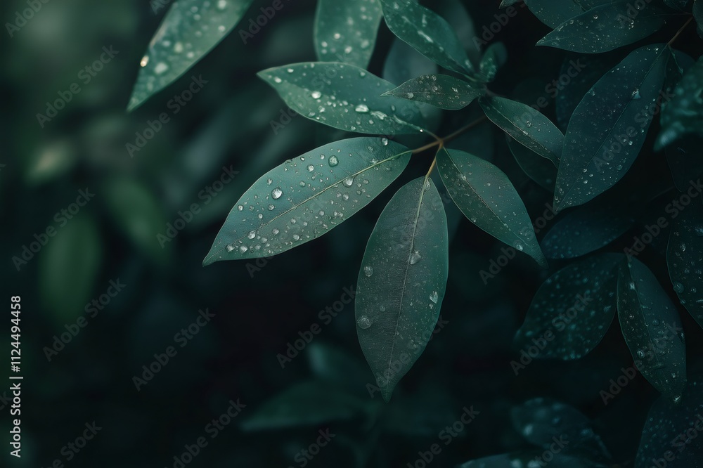 Obraz premium Dark green leaves glistening with fresh water droplets evoke a serene and moody atmosphere, perfect for nature inspired projects