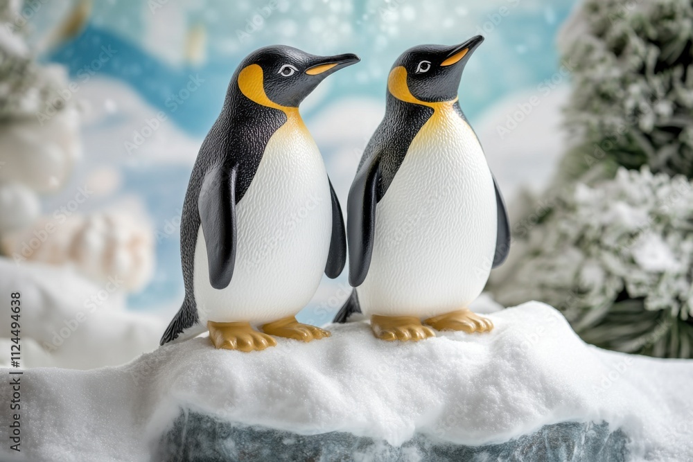 Obraz premium Two adorable penguins stand together on a snowy landscape, surrounded by shimmering decorations and frosty trees