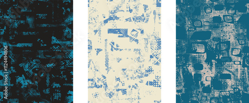 Set of posters with glitch distorted grunge texture. Poster collection texture with halftone dots, glitched shapes, textures and lines .Screen print vector poster pack with grunge textured surface