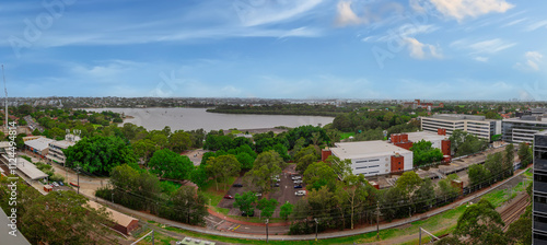 Panorama Aerial view above Rhodes with views to Meadowbank and Olympic park and Wentworth Point and Concord West with Parramatta River in Sydney NSW Australia photo