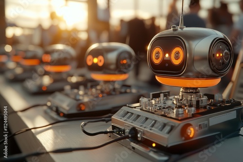 Robots displayed under evening light at a tech exhibition showcasing innovative designs and interactive features photo