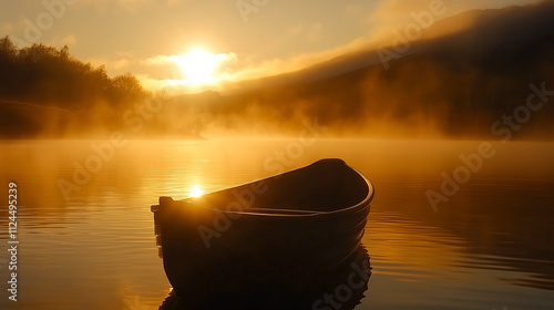 Fototapeta Naklejka Na Ścianę i Meble -  A lone rowing boat sits on a calm and peaceful lake at sunrise / sunset with mist rising from the water