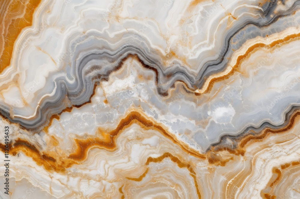 Close up of a polished marble rock surface showcasing a captivating wavy pattern with striking orange and grey veins Close up of a polished marble rock surface showcasing a captivating wavy pattern with striking orange and grey veins