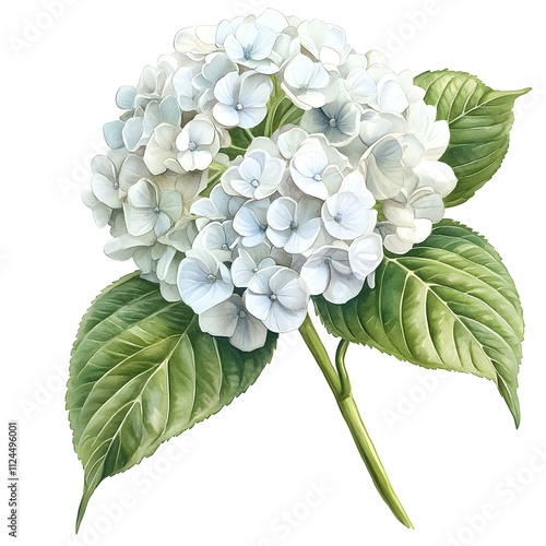 Hydrangea Bloom:  A delicate white hydrangea flower with lush green leaves, captured in exquisite detail. Perfect for adding a touch of natural elegance to your designs.