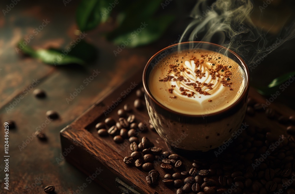 Warm and Inviting Coffee Cup with Creamy Foam and Chocolate Sprinkles Surrounded by Coffee Beans on a Rustic Wooden Tray in a Cozy Atmosphere Warm and Inviting Coffee Cup with Creamy Foam and Chocolate Sprinkles Surrounded by Coffee Beans on a Rustic Wooden Tray in a Cozy Atmosphere