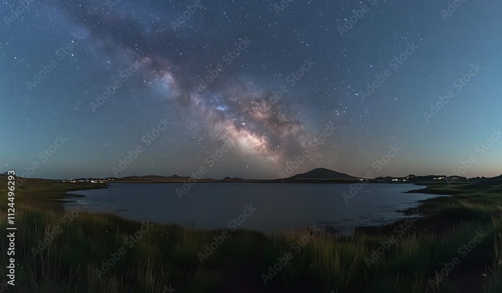 Milky Way Galaxy Over Serene Night Lake And Hills Milky Way Galaxy Over Serene Night Lake And Hills