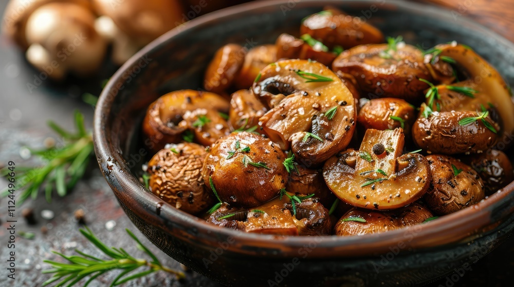 Roasted mushrooms in a rustic bowl, seasoned with herbs and spices. Roasted mushrooms in a rustic bowl, seasoned with herbs and spices.