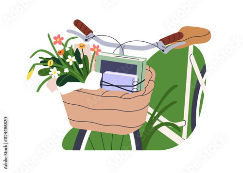 Bicycle with field flower bouquet and books in basket. Rural vibe with wildflowers and diaries, bike in countryside nature on summer holiday. Flat vector illustration isolated on white background