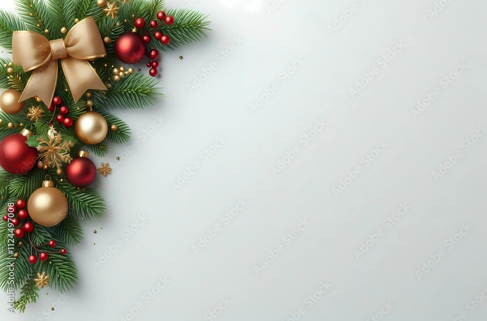 Festive Christmas Border with Golden Bow, Ornaments, and Pine Cones - Copy Space Area for Holiday Greetings Festive Christmas Border with Golden Bow, Ornaments, and Pine Cones - Copy Space Area for Holiday Greetings