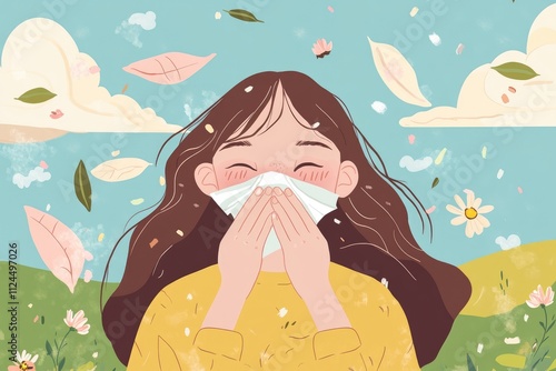 Seasonal allergy illustration: blooming plant, pollen spread, irritated eye, nasal discomfort, immune reaction, springtime issue, airborne allergen, sensitive response, sneezing symptom. photo