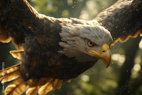 Bald eagle gracefully glides through a forest, illuminated by dappled sunlight, showcasing its powerful wings and sharp gaze photo