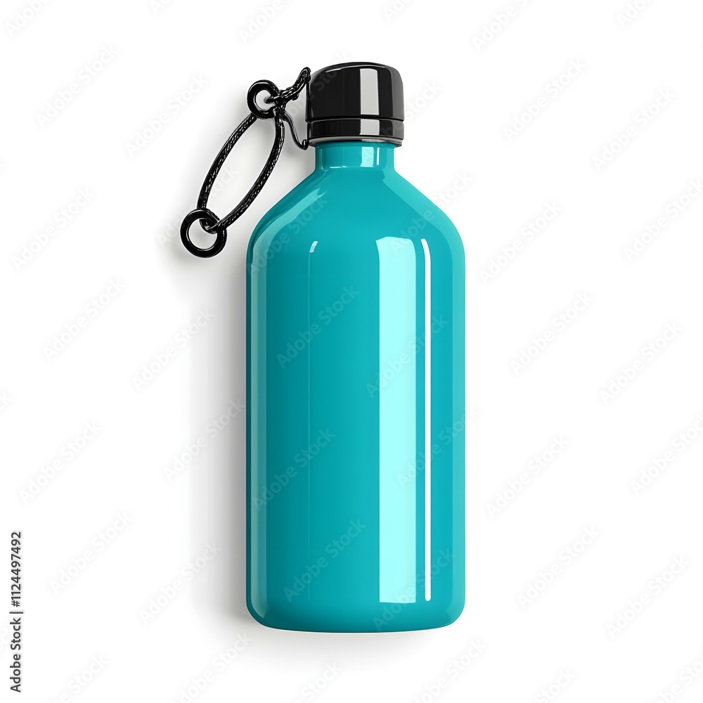 Teal Water Bottle Mockup: A sleek, teal water bottle with a black lid and a metal chain. The bottle is isolated against a white background, making it ideal for showcasing your design or branding. Teal Water Bottle Mockup: A sleek, teal water bottle with a black lid and a metal chain. The bottle is isolated against a white background, making it ideal for showcasing your design or branding.