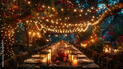 Romantic outdoor dinner party under trees with fairy lights and candles.