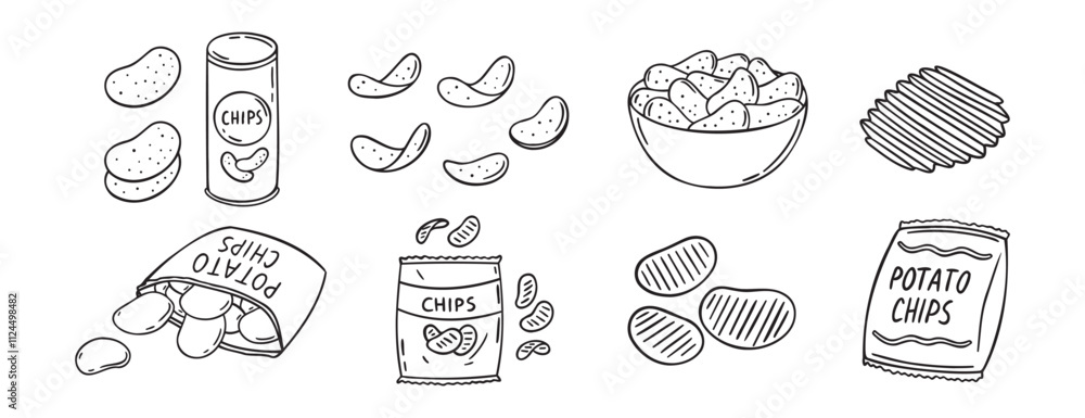 Potato chips doodle hand drawn icon set. Outline drawing crispy snack line clipart symbol Potato chips doodle hand drawn icon set. Outline drawing crispy snack line clipart symbol