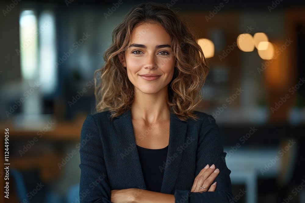 Confident Latin businesswoman executive standing in modern office smiling in suit with arms crossed looking successful at work Confident Latin businesswoman executive standing in modern office smiling in suit with arms crossed looking successful at work
