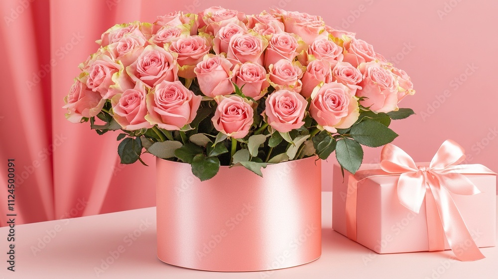 Obraz premium Beautiful bouquet flowers pink roses in vase and gift box with satin bow on pastel pink background table. Birthday, Wedding, Mother's Day, Valentine's day, Women's Day. Front view. copy space.