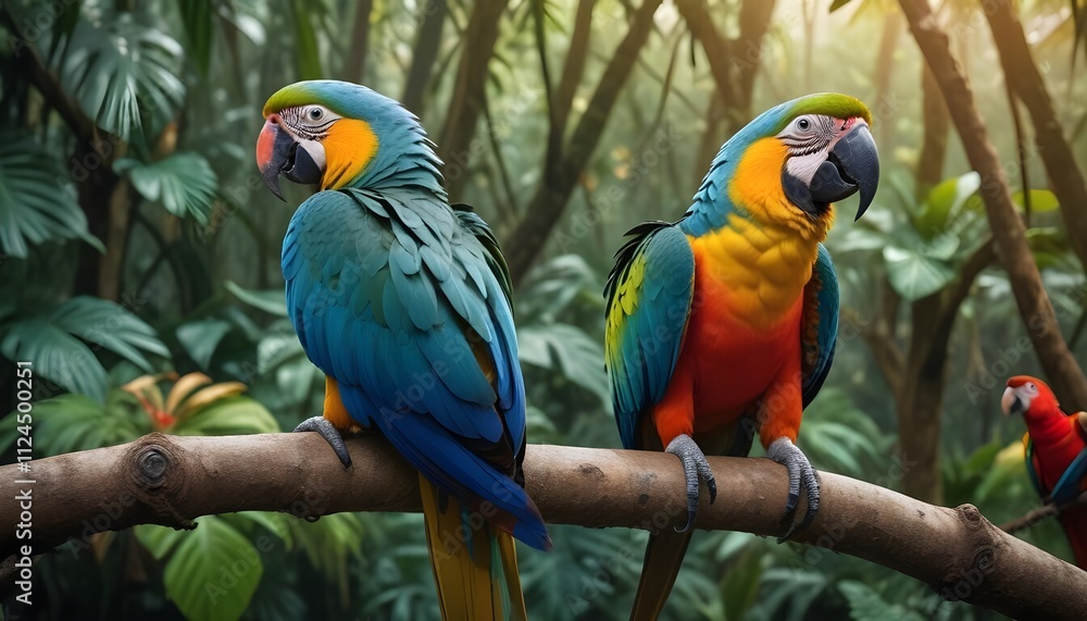 Two vibrant parrots perched on a branch in a lush, tropical environment Two vibrant parrots perched on a branch in a lush, tropical environment