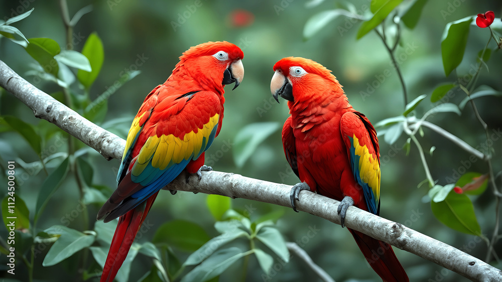 Obraz premium A trio of vibrant macaws, red, green, and blue, showcase the beauty of tropical wildlife