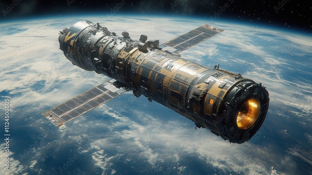 Fototapeta premium A futuristic spacecraft in orbit above Earth.