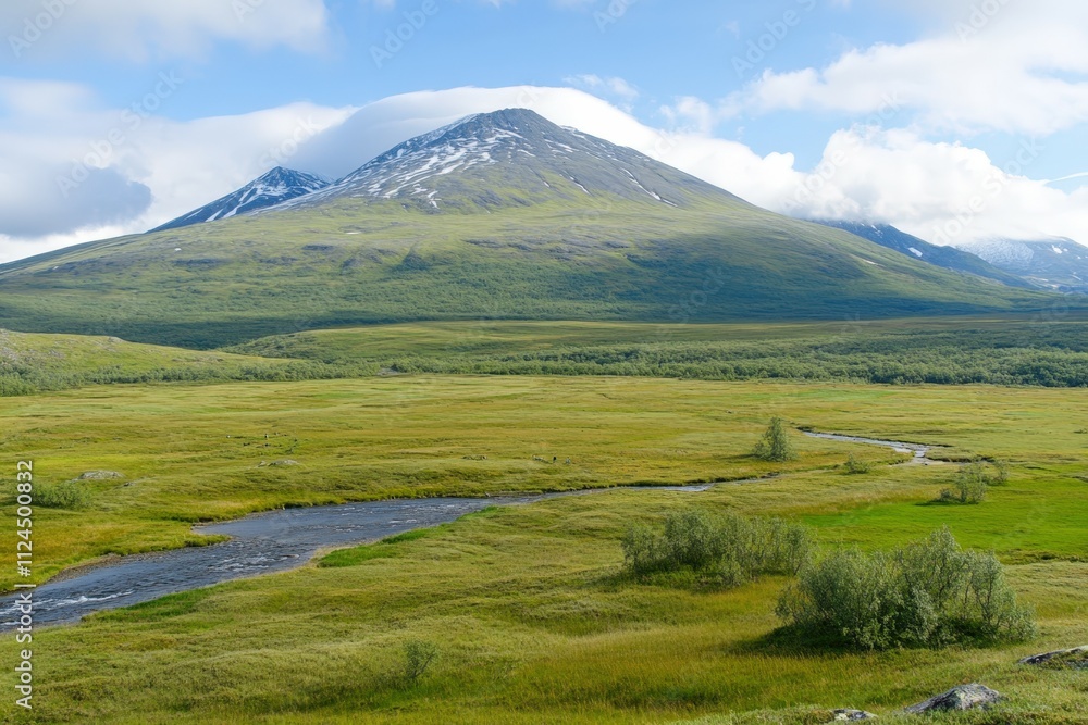 Obraz premium Green foggy landscape of northern coniferous forest near the seashore - aerial view from drone. Beautiful simple AI generated image